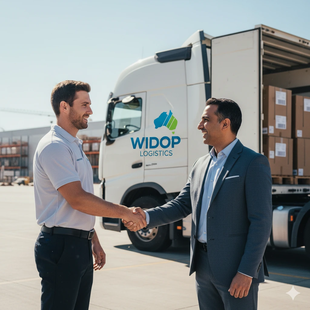 A friendly handshake between a logistics professional and a client in front of a Widop Logistics branded truck.