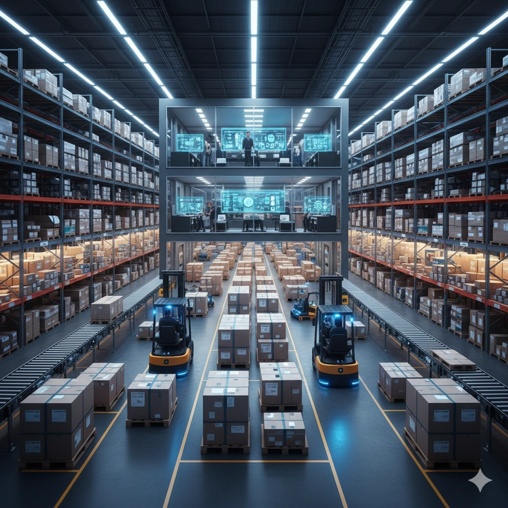 A modern warehouse with automated systems and neatly stacked packages, showcasing efficiency.