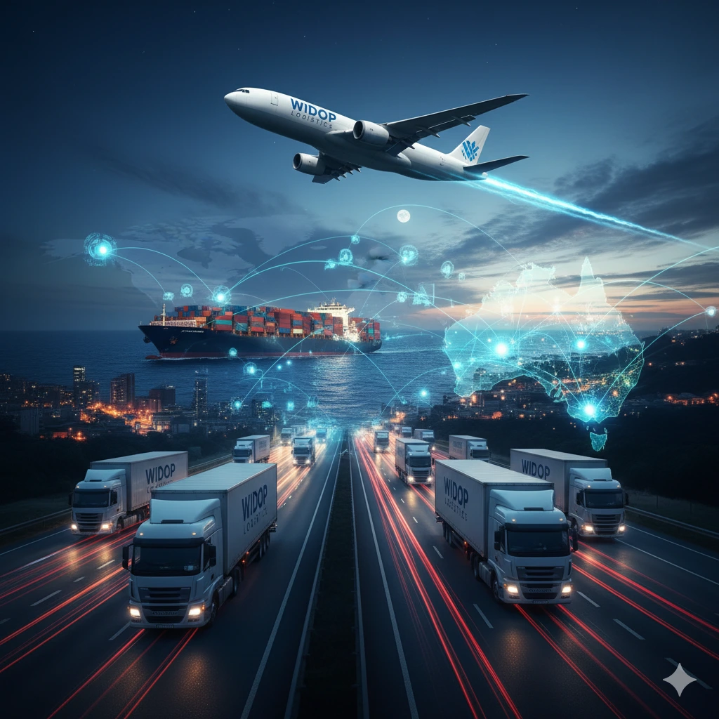 Dynamic logistics network with trucks, ships, and planes connected globally, representing Widop Logistics' reach.