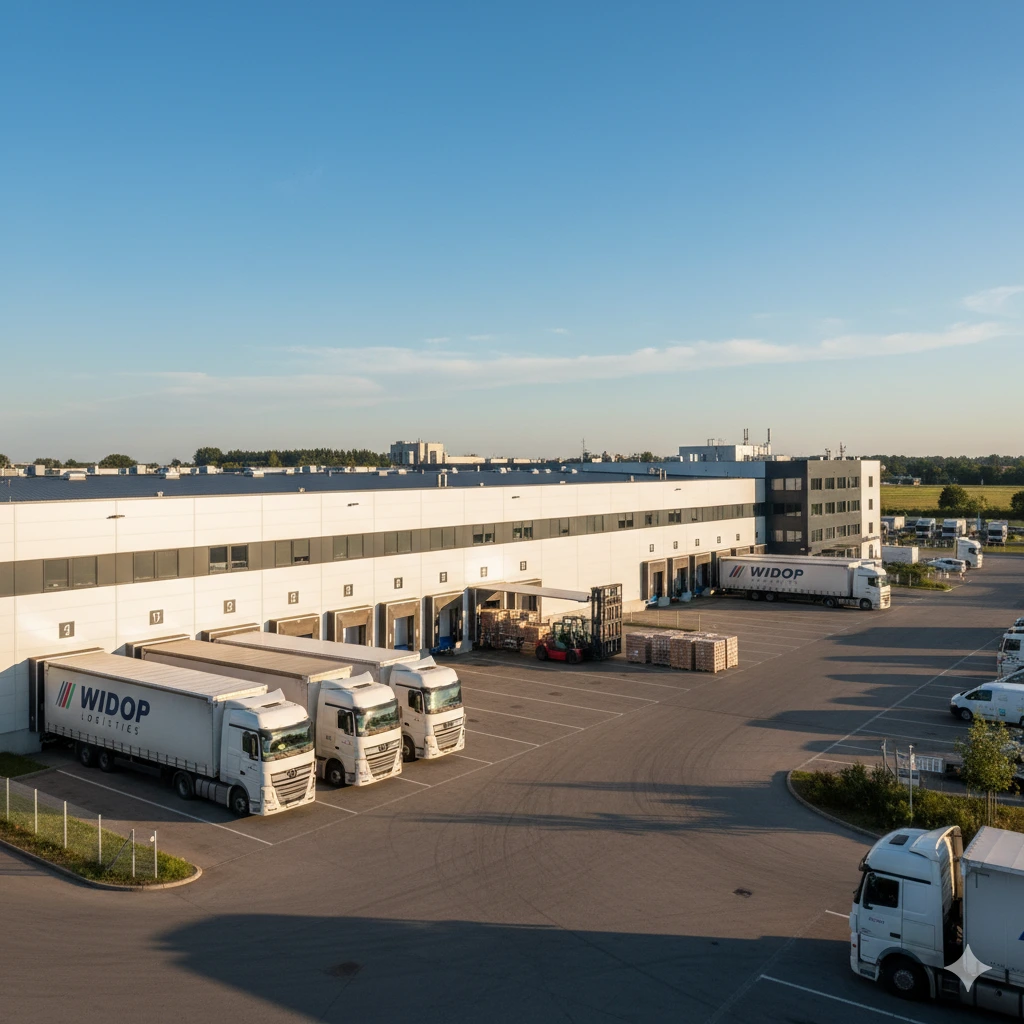 Modern logistics hub with trucks and warehouses, demonstrating efficient operations