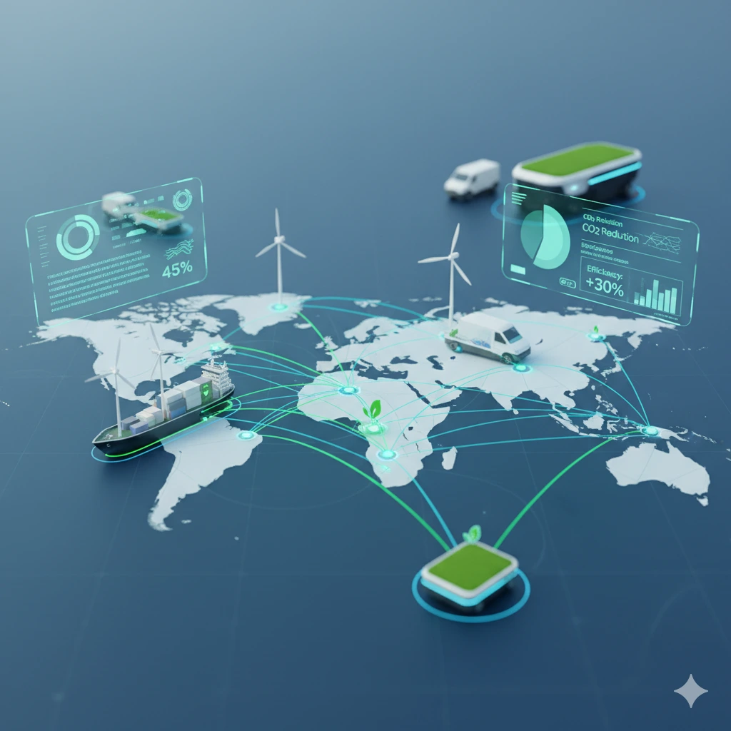 A digital representation of a sustainable supply chain with green elements and data analytics.