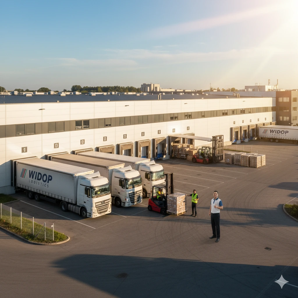 A delivery truck successfully unloading cargo at a warehouse, showing a completed delivery