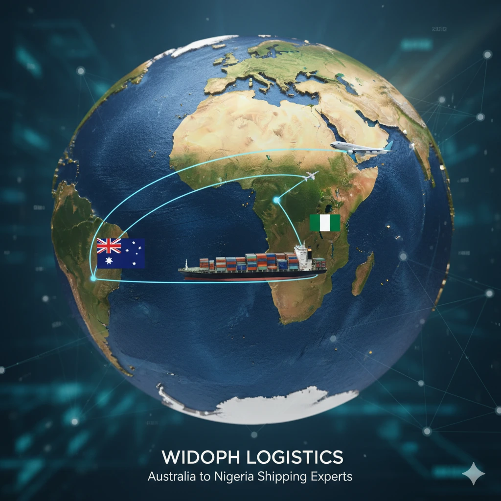 A cargo ship being loaded at a port, with the Australian flag subtly visible and a map pointing towards Nigeria, illustrating international sea freight.