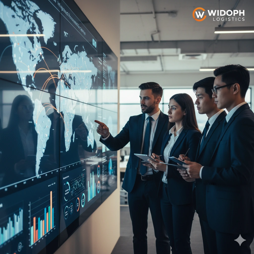 A diverse team in a modern office looking at a screen with charts and logistics data, symbolizing procurement and supply chain management.
