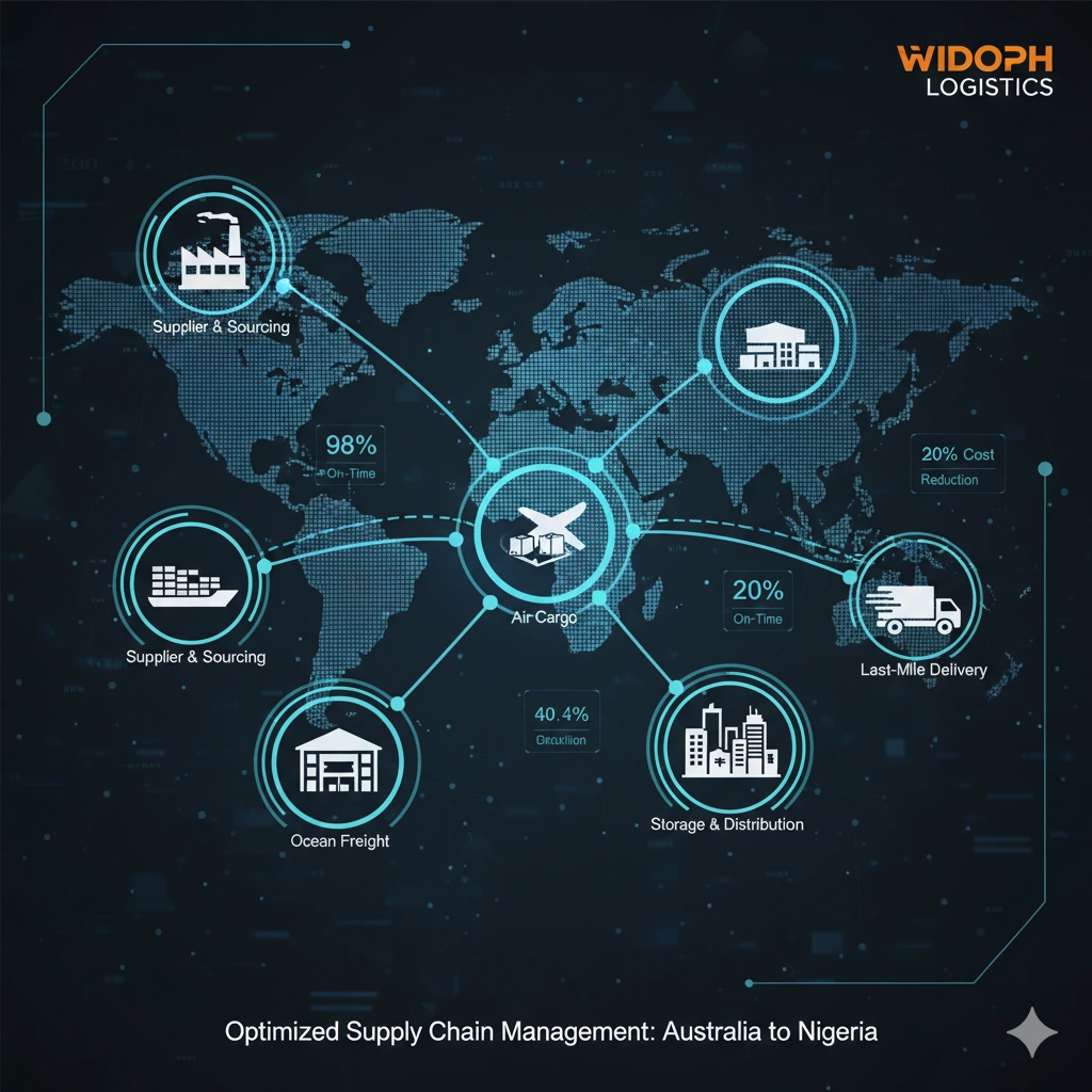 A detailed infographic or diagram representing a complex supply chain with arrows showing movement of goods, data flow, and various logistics nodes.
